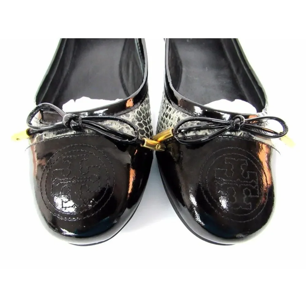 Tory Burch Black Patent and Gray Snake-Print Ballet Flat
